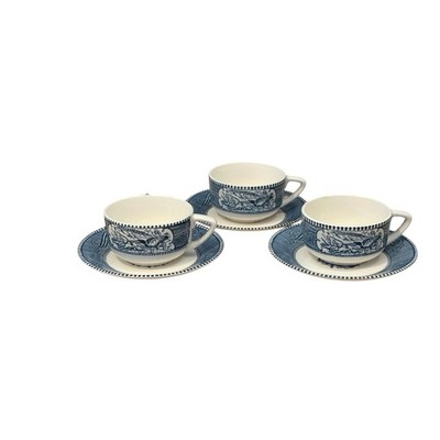 Currier Ives Blue China Tea Cups Saucers Set 3 Cottagecore Tableware USA