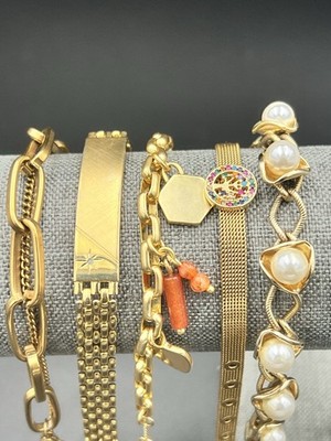 Gold Tone Bracelet Bundle 5 Piece Lot Link Faux Pearl Charm Stacking