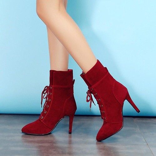 Gothic Women's Suede Ankle Boots Stilettos Heel Shoes Pointy Toe Lace Up shoes - Picture 14 of 15