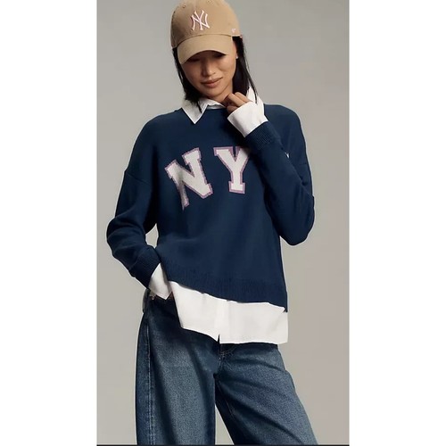Maeve Anthropologie NYC Varsity Letter Twofer Pullover Damen Large blau neu ohne Etikett - Bild 1 von 9