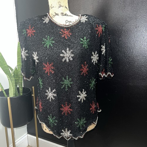 Vintage Laurence Kazar Beaded Holiday Top XL Snowflake Christmas Holiday Festive