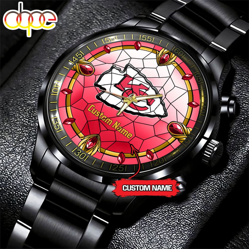 Custom Kansas-City Team Chiefs Stained Glass Art Black Stainless Steel Watch