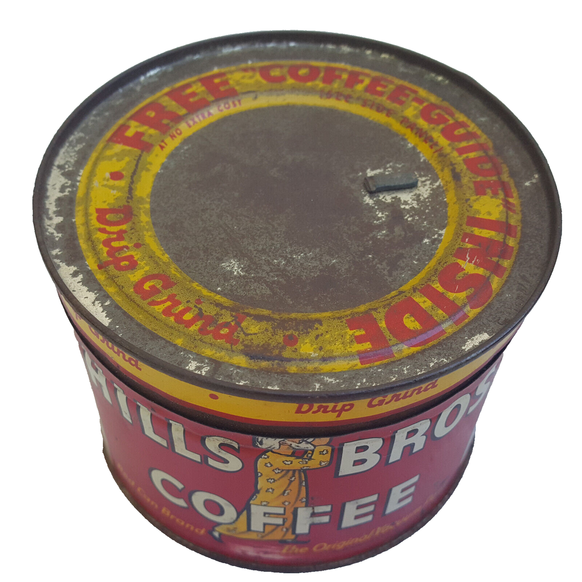 Vintage Hills Bros. Coffee Tin Can FREE COFFEE GUIDE INSIDE Ad On
