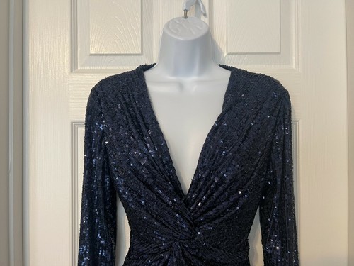 Alex Marie Stretch Navy Blue Low Cut Sequin Knotted Front Midi Dress - Picture 9 of 11