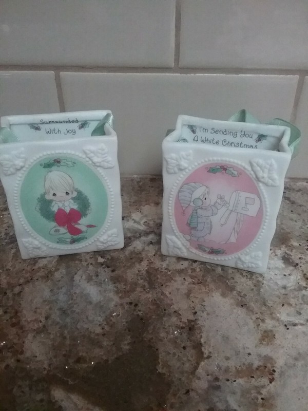 Two Precious Moments Porcelain Miniature  Christmas Bags / Ornaments