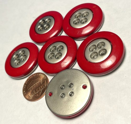 6 Large Glossy Red Silver Tone Plastic Metallized Back Buttons 28mm 1 1/8" 12728 - Picture 2 of 3