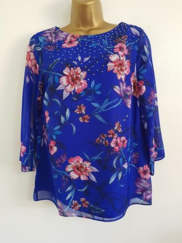 Ex M&Co Size 8-20 Beaded Embellished Cobalt Blue Floral Print Tunic Top Blouse - Picture 1 of 4