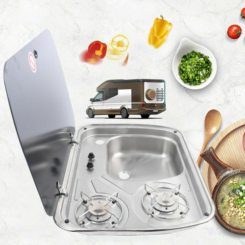 2 Burner LPG Sink Combo Cooktop Boat Caravan RV Camper Gas Stove Hob w/Glass Lid - Foto 3 di 12