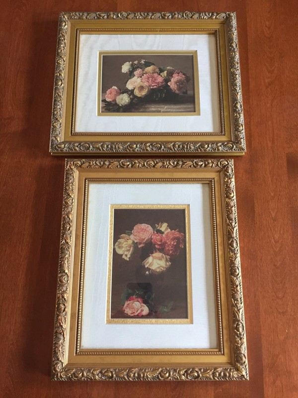 PAIR of ORNATE FRAMED & TEXTURED FABRIC MATTED FLORAL ROSE PRINTS