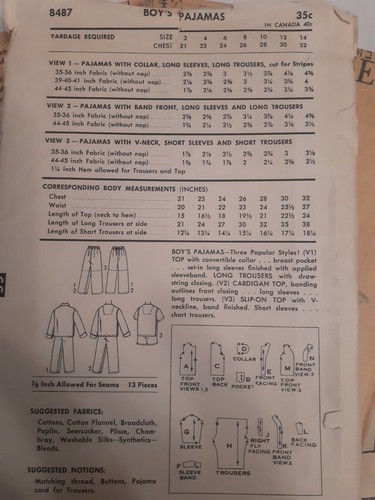 Pajama Pants Shirt Shorts Boys 14 Advance Sewing Pattern 8487 VTG 50s Sleep Set - Picture 5 of 6