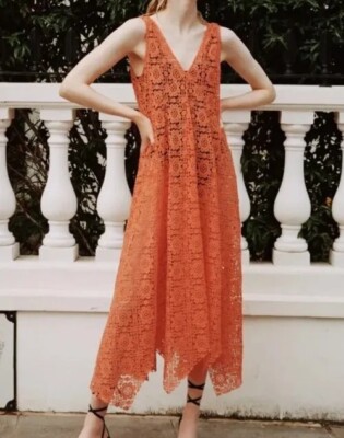 Zara langes Kleid Lochspitze orange rot Lachs Sommerkleid Strand Limited,Small