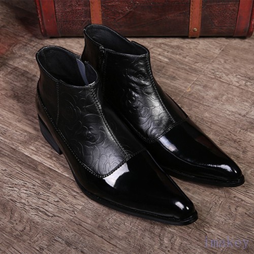 Mens Pointy Toe Brogue Ankle Boots Real Leather Zipper Dress Formal Casual Shoes - Picture 2 of 14