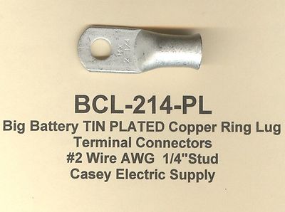 20 Big Battery TIN PLATED Copper Ring Lug Terminal Connector #2 Wire Gauge 1/4''