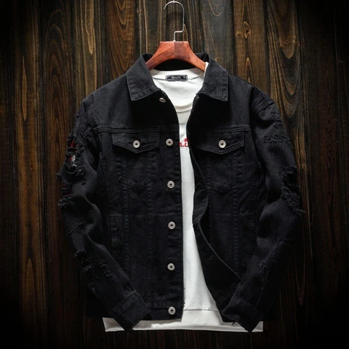 Mens Denim Jacket Button Hip Hop Bomber Jacket Hole Casual Cotton Jean Jacket - Picture 4 of 26