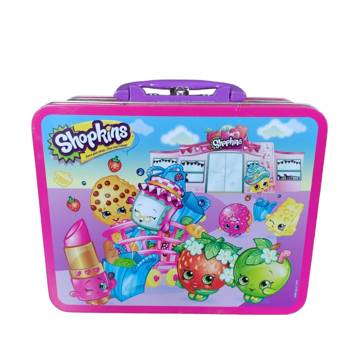 SHOPKINS Metal Lunch Box Collectible Collector s Tin Handle 2013 Purple Pink