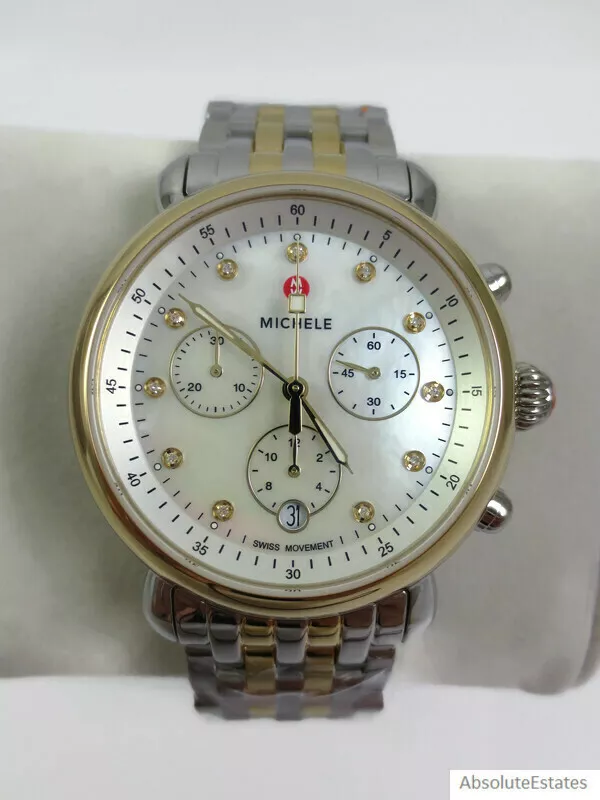 NEW Michele Gold Silver Diamond Two Tone CSX 39 Chronograph Watch MWW03D000047