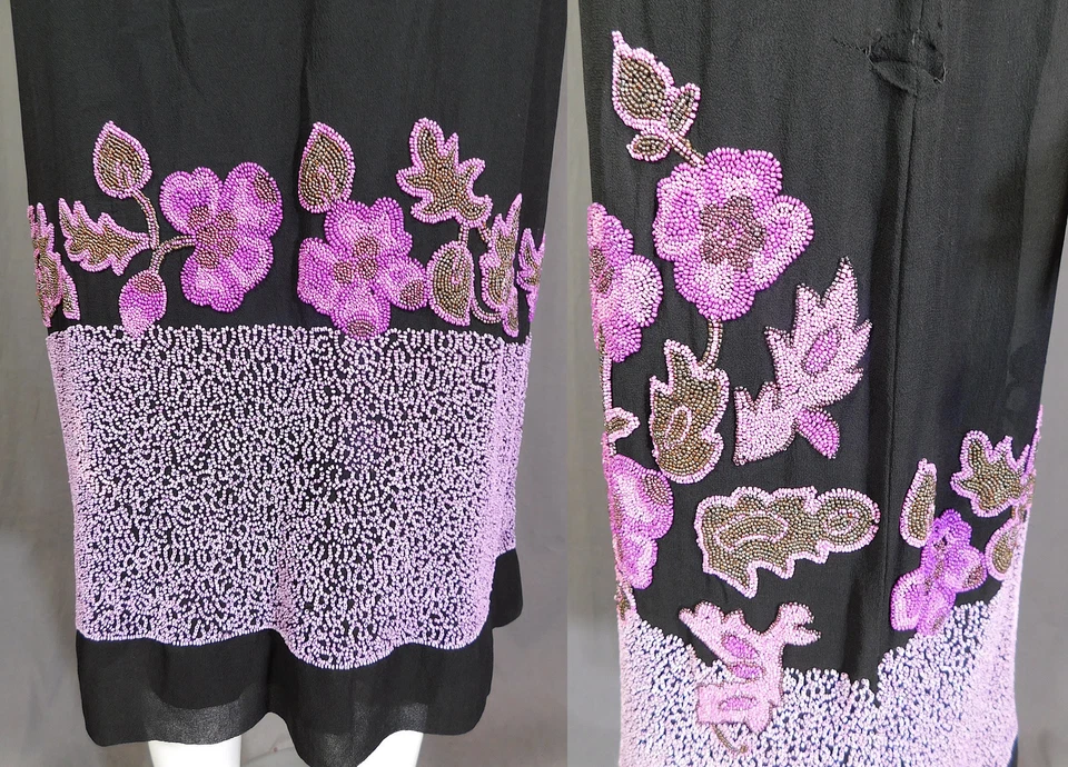 Vestido y sin tirantes vintage Art Deco de los años 20 negro seda púrpura rosa con cuentas florales Foto 3 de 3