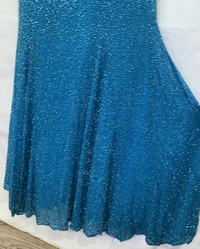 Vtg Cache Size M Silk Teal Beaded Formal Maxi Dress Hook High Neck Open Back Zip - Picture 8 of 12