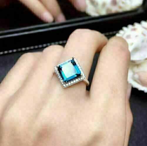 Women's 2Ct Asscher London Blue Topaz Halo Engagement Ring 14K White Gold Finish - Picture 3 of 5