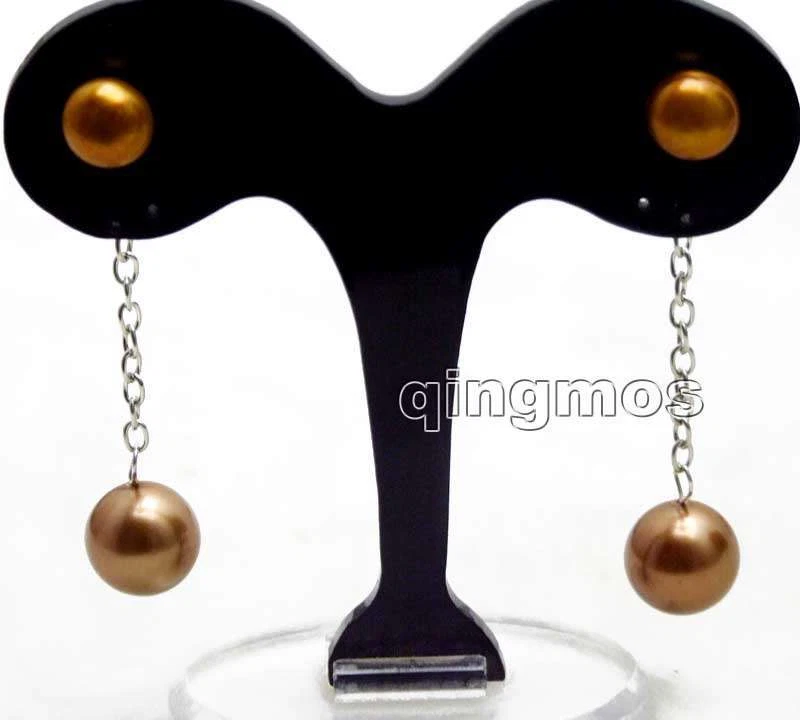 Pendiente colgante redondo de perlas marrones de 7-8 mm para mujer de 12 mm concha marina Foto 3 de 4