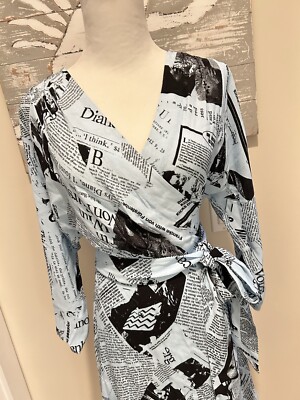 【SALE】DIANE von FURSTENBERG 柄 ワンピース M 8 10 DVF Diane von Furstenberg SHEENA Shia Newspaper BLUE