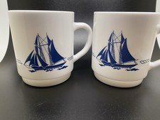 Two Nautical Theme Mugs Blue And White By Arcopal France - Vintage