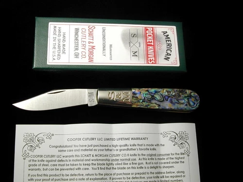 SCHATT & MORGAN ABALONE CLIP BLADE BARLOW KNIFE COOPER CUTLERY USA NMIB C69A