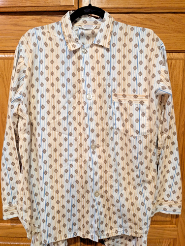VTG 1960s Perm Press Striped All Over Print Pajamas Buttons Pocket Set Sz L - Picture 8 of 16