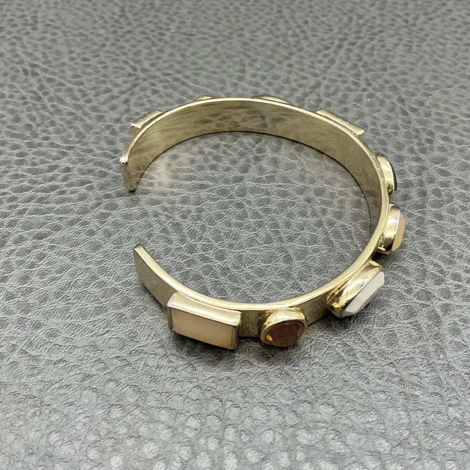 J. Bracelete Crew tom dourado cabochão de pedra multicolorido pulseira aberta moda - Imagem 4 de 4