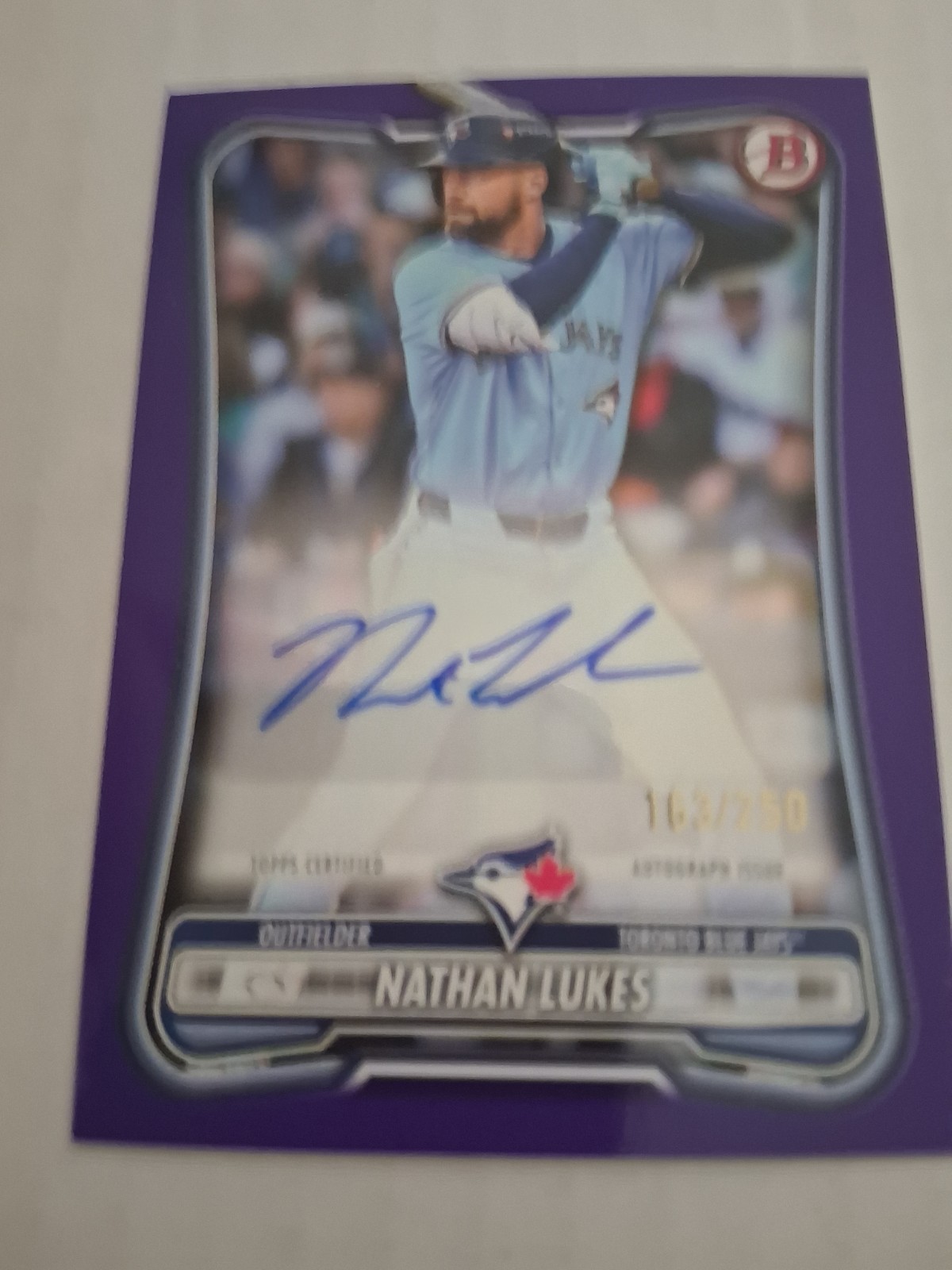 2026 Bowman Baseball NATHAN LUKES Purple paper AUTO # 163/250 Toronto  PRV-NL