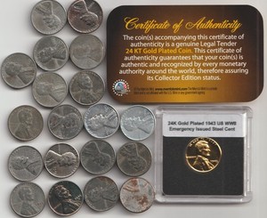 Rare Old 1943 US Lincoln Steel Penny Coin Collection WWII 24k Gold Plate LOT: 35