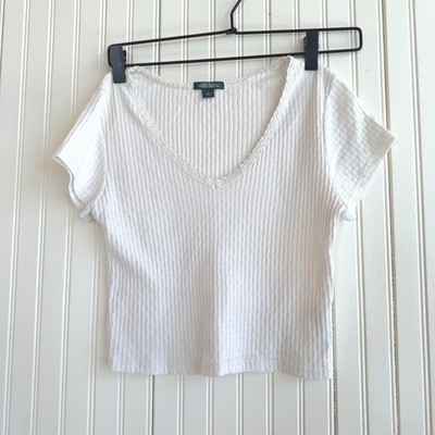 Wild Fable Ribbed Lace Trim V-Neck Short Sleeve Crop Top Cream White Small