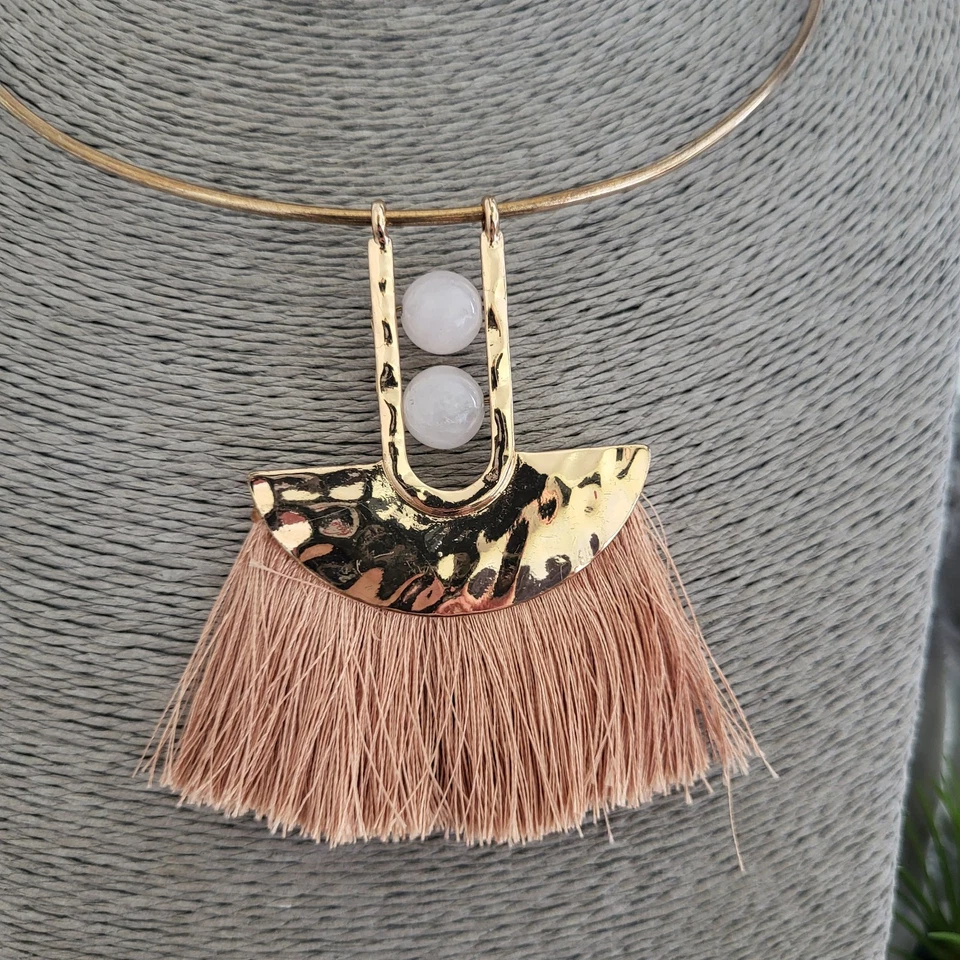Collar Gargantilla Hippy Boho Oro Rosa Borla Colgante Cuentas de Vidrio Tono Dorado Metal Foto 2 de 4