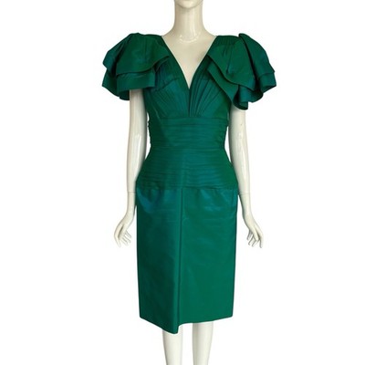 Vintage 1980s Cache Cocktail Dress Emerald Taffeta Puff Sleeve
