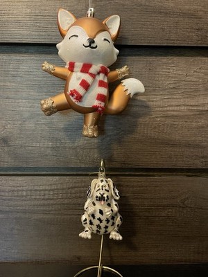 Christmas Ornament Lot Glittery Fox W/Scarf Dalmatian Dog Black White VTG Cute