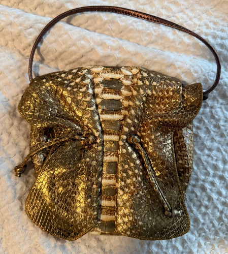 Carlos Falchi Genuine Snakeskin Metallic Gold Bronze Drawstring Bag Vintage