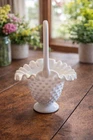 Vintage Fenton Hobnail White Milk Glass Basket with a ruffled edge and handle