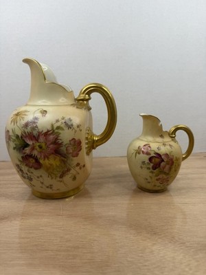 Antique Royal Worcester Floral Ewer Pitcher Pair Gold Gilt England 1094