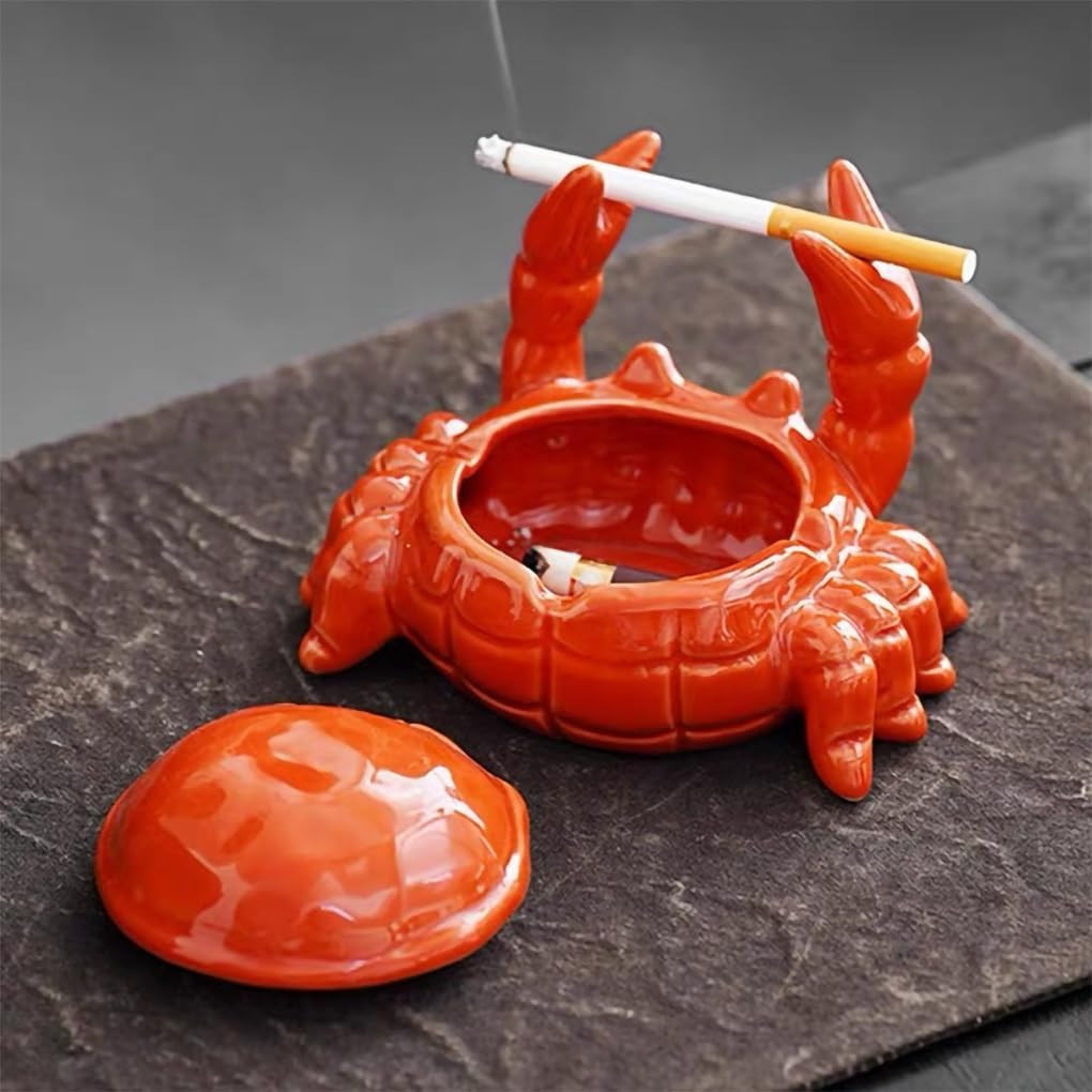 Crab Ceramic Ashtray with Lid, Cute Cigar Ashtray for Indoor or Outdoor use, ...