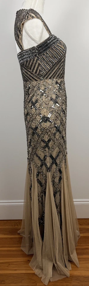 Vestido Formal Adrianna Papell Talla 6P Beige Desnudo Cuentas Lentejuelas Art Deco Gatsby Glam Foto 3 de 4