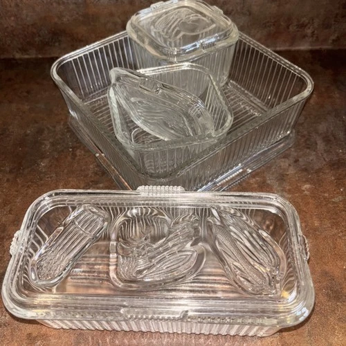 Vintage 1940's Federal Glass Clear Refrigerator Dishes  Vegetables On Lid Lot 4