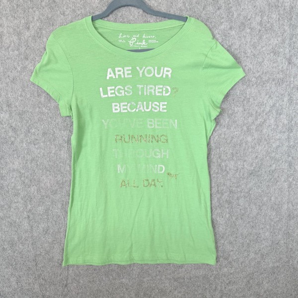 PINK Victoria's Secret Shirt Womens Large Green Slogan Beaded Dog Graphic T Y2K