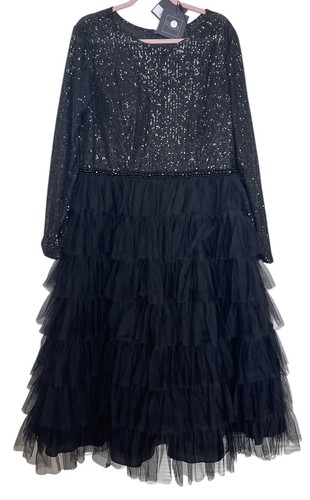 Abito vestito donna Ieena Mac Duggal taglia 16 nero paillettes volant a strati 26299 $498 - Foto 5 di 10