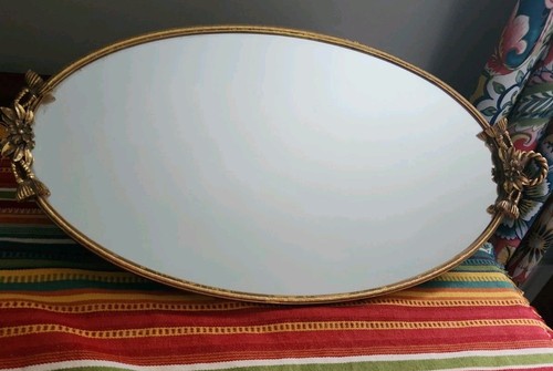 Vtg Oval Globe Gold Plated Dresser Vanity Mirror Tray W/Handles 20 By 10"  EUC