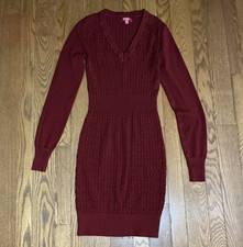 GUESS Burgundy Cotton Cable Knit V-Neck Long Sleeve Knee Sweater Dress M