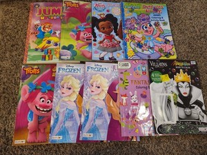 Lot Of 9 Used Kids Coloring Books Disney Frozen Vilians Alice Trolls 