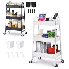 Heavy-Duty Utility Cart 3 Tier Rolling Carts Storage Cart With 4 Hooks+2 Baskets