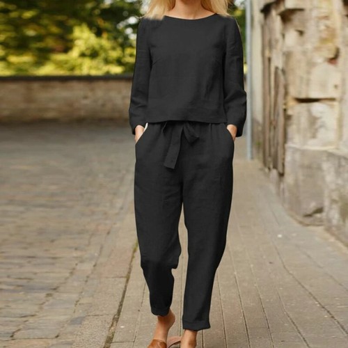 Two Piece Cotton Linen Women Sets Solid O Neck Top Shirt Drawstring Trouser Suit - Picture 13 of 16