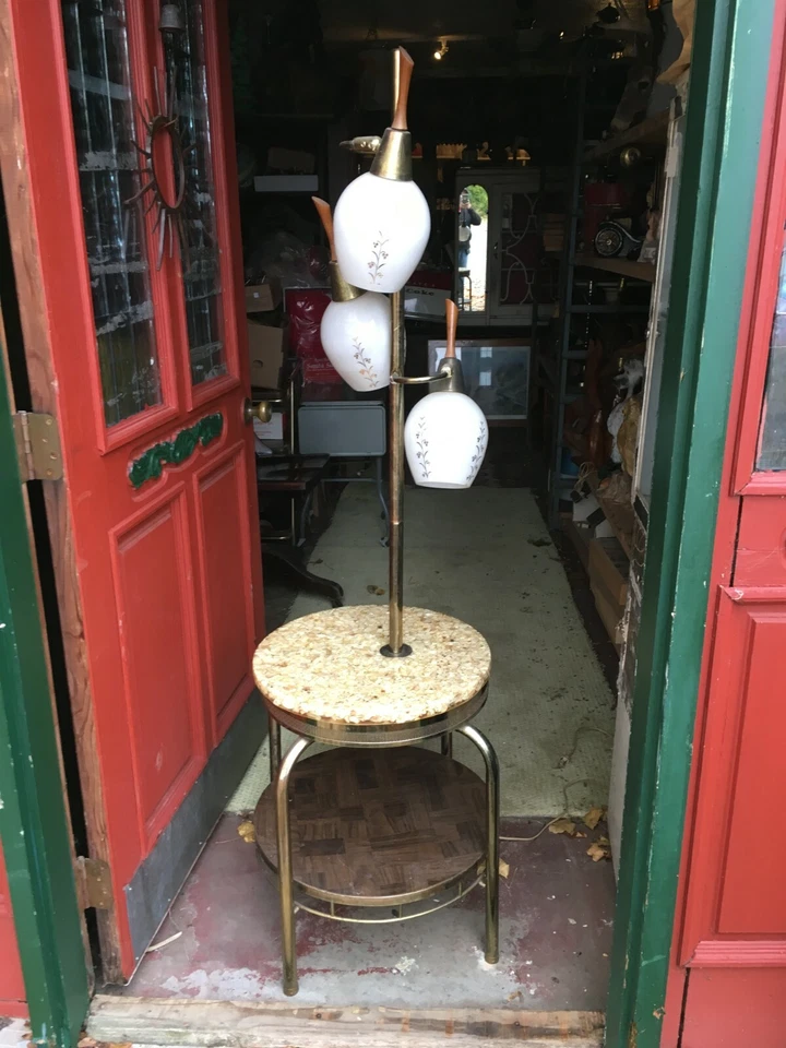 Mid Century Modern Marble top table floor pole lamp 3 Frosted glass spot lights - Image 2 of 4