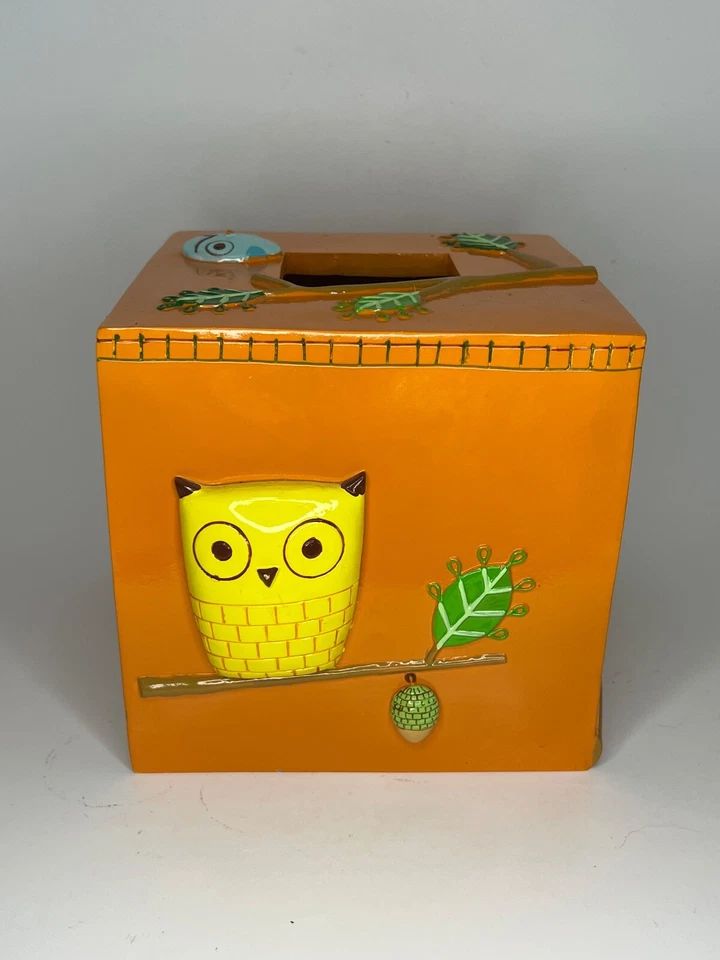 Give a Hoot Owl Tissue Box Holder Creative Bath Orange Resin 5.75" Square AS IS - Image 4 of 4